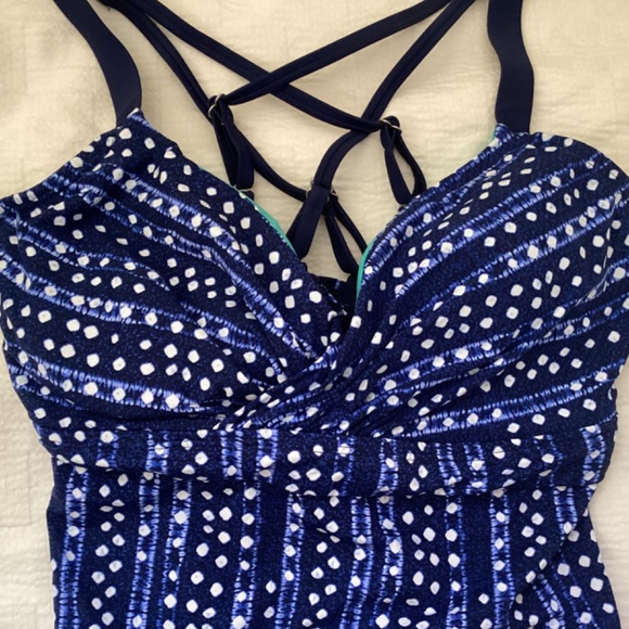 NWT! 2pc Title Nine Métis activewear Tankini, blue dot, 36D top, SM bottom - Picture 4 of 7